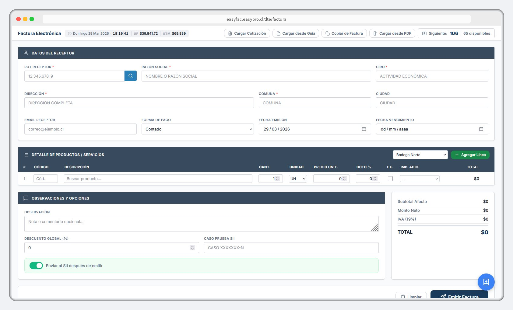EasyFac Dashboard - Sistema de Facturación Electrónica Chile